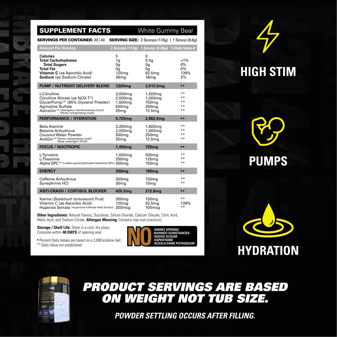 EHP Labs Hectic PreWorkout - High Stim Advanced Pre Workout Powder for Max Performance - Caffeine, Beta Alanine, Coconut Water - Energy, Pump, Recovery & Hydration - 40 Serves (White Gummy)