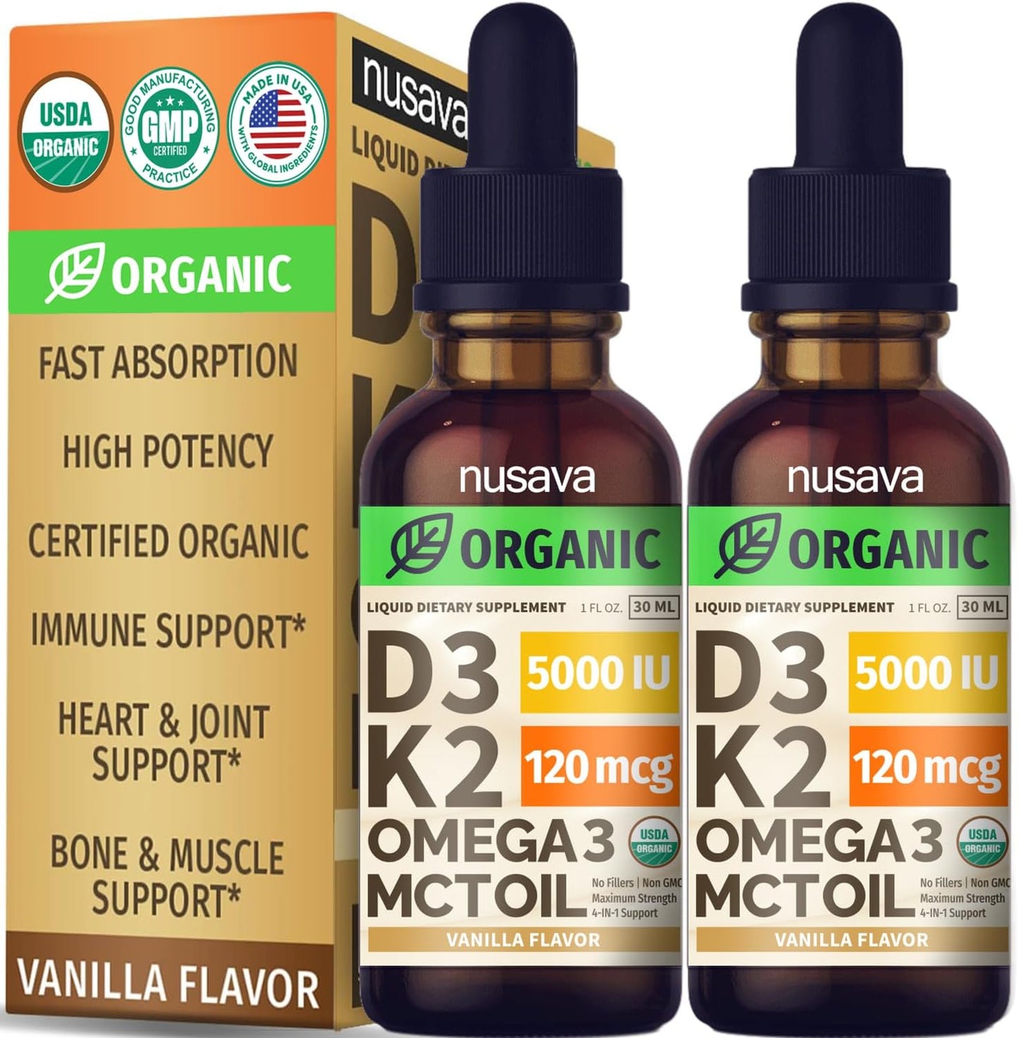 (2 Pack) Organic Vitamin D3 K2 Drops with MCT Oil Omega 3, 5000 IU - Maximum Strength Vitamin D Liquid, No Fillers, Non-GMO Liquid D3 for Faster Absorption and Immune Support (Vanilla, 1 Fl OZ x 2)