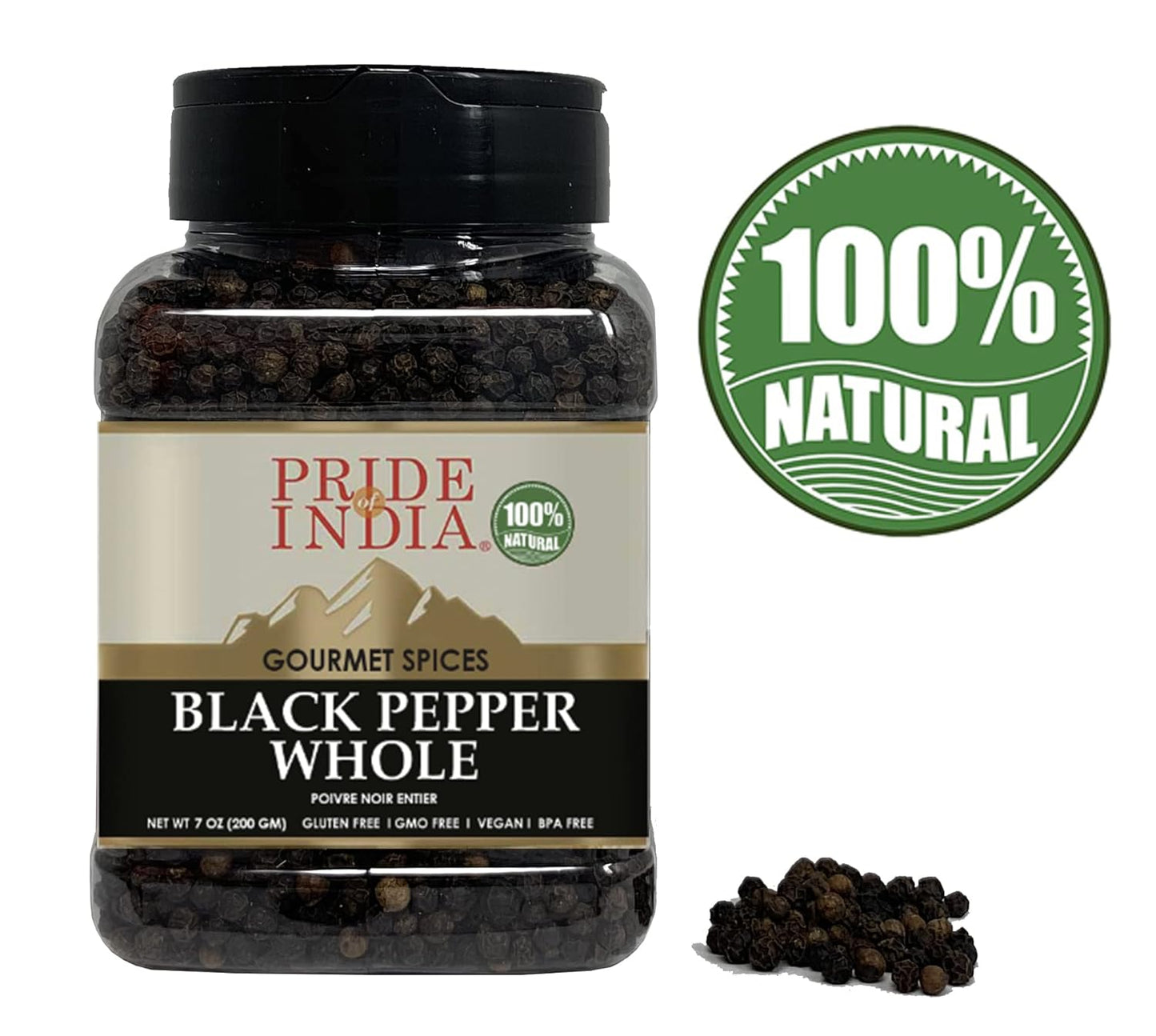 Pride of India - PACK of 6 - Black Peppercorn Whole – Gourmet & Culinary Spice – Full Bodied, Dried & Flavorful – Preservatives & Gluten Free – 7 oz. Medium Dual Sifter Jar