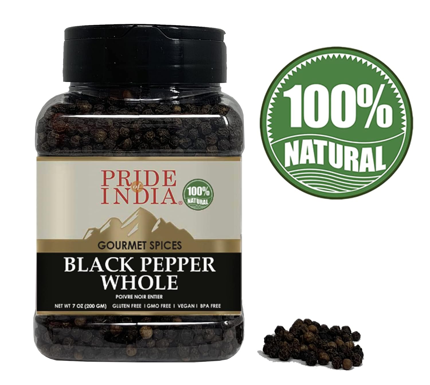 Pride of India - PACK of 6 - Black Peppercorn Whole – Gourmet & Culinary Spice – Full Bodied, Dried & Flavorful – Preservatives & Gluten Free – 7 oz. Medium Dual Sifter Jar