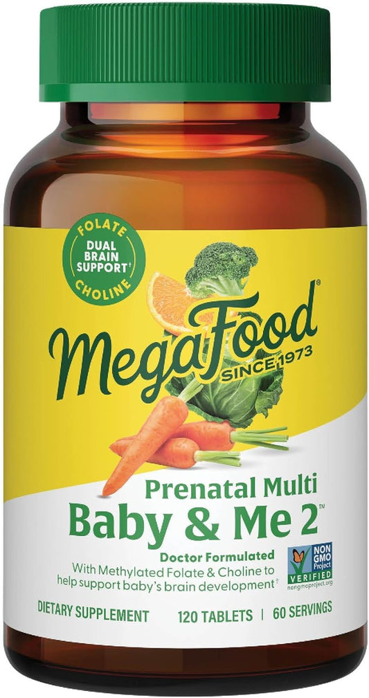 MegaFood Baby & Me 2 Prenatal Multi Vitamins - Prenatal Vitamins for Women with Choline, Methyl Folate & Iron, Vegetarian, Gluten-Free, Pre Natal Multivitamin for Women - 120 Tablets, 60 Servings