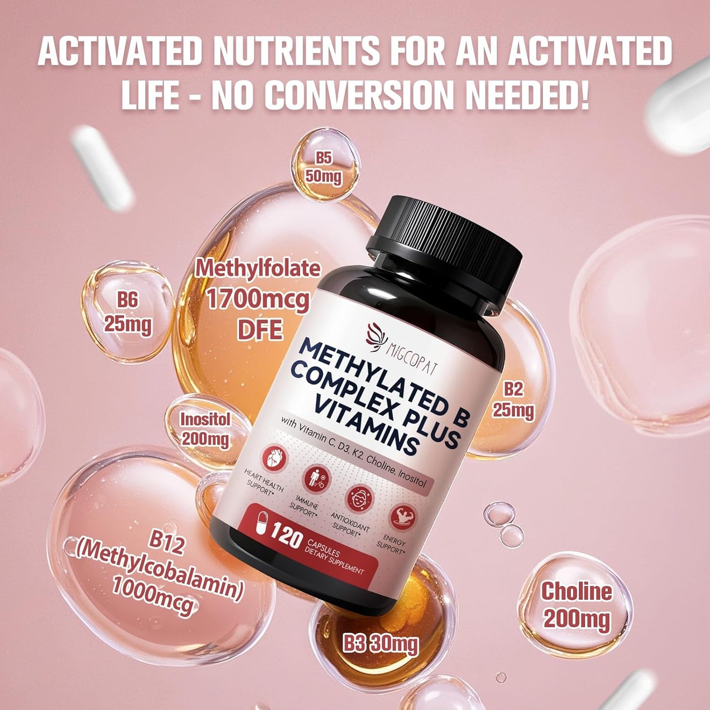 16-in-1 Methylated Multivitamin Plus, Methylated B Complex with Vitamin B12 & Methylfolate, B1-B7, CoQ10 & Alpha Lipoic Acid, Vitamin B Complex for Energy, Brain, Heart, Immunity& Antioxidant,120 Caps