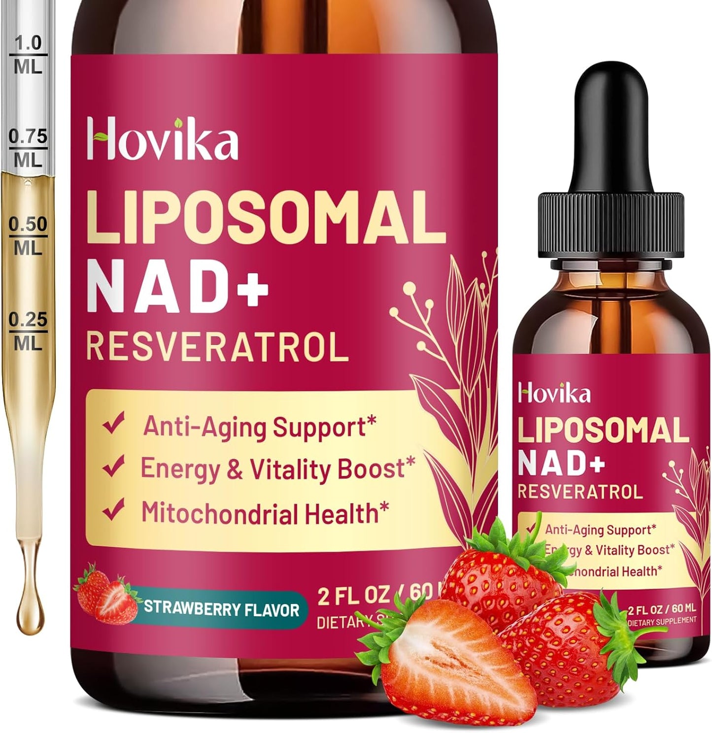 Liposomal NAD Supplement - 1200mg NAD+ Liquid Drops for Women & Men with Resveratrol, Black Pepper Extract - Support Anti-Aging, Brain & Cellular Mitochondrial Health - 2 Fl Oz, Strawberry Flavor