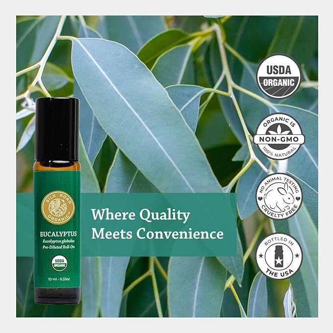 Silk Road Organic Eucalyptus Essential Oil Roll On, USDA Certified - Respiratory Health, Colds, Cough, Sinus & Allergy Congestion - 10 ml Aromatherapy Roller - Always Pure, Always Organic