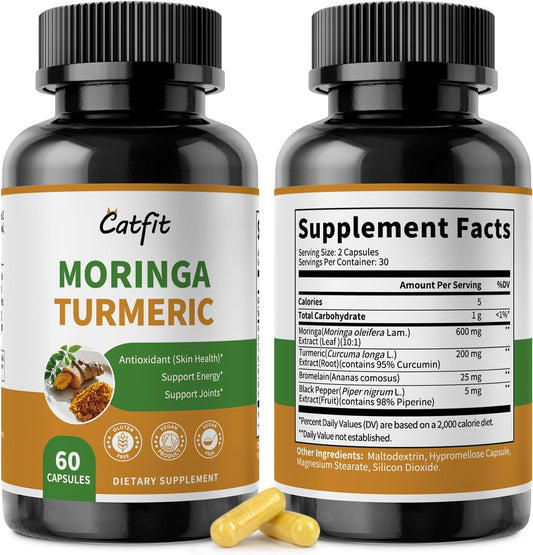 2 Pack Moringa Capsules, Moringa Powder with Turmeric, Bromelain and Black Pepper, 4-in-1 Superfood for Energy, Immune, Digestion and Antioxidant Support, Vegan, Gluten-Free, 120 Count