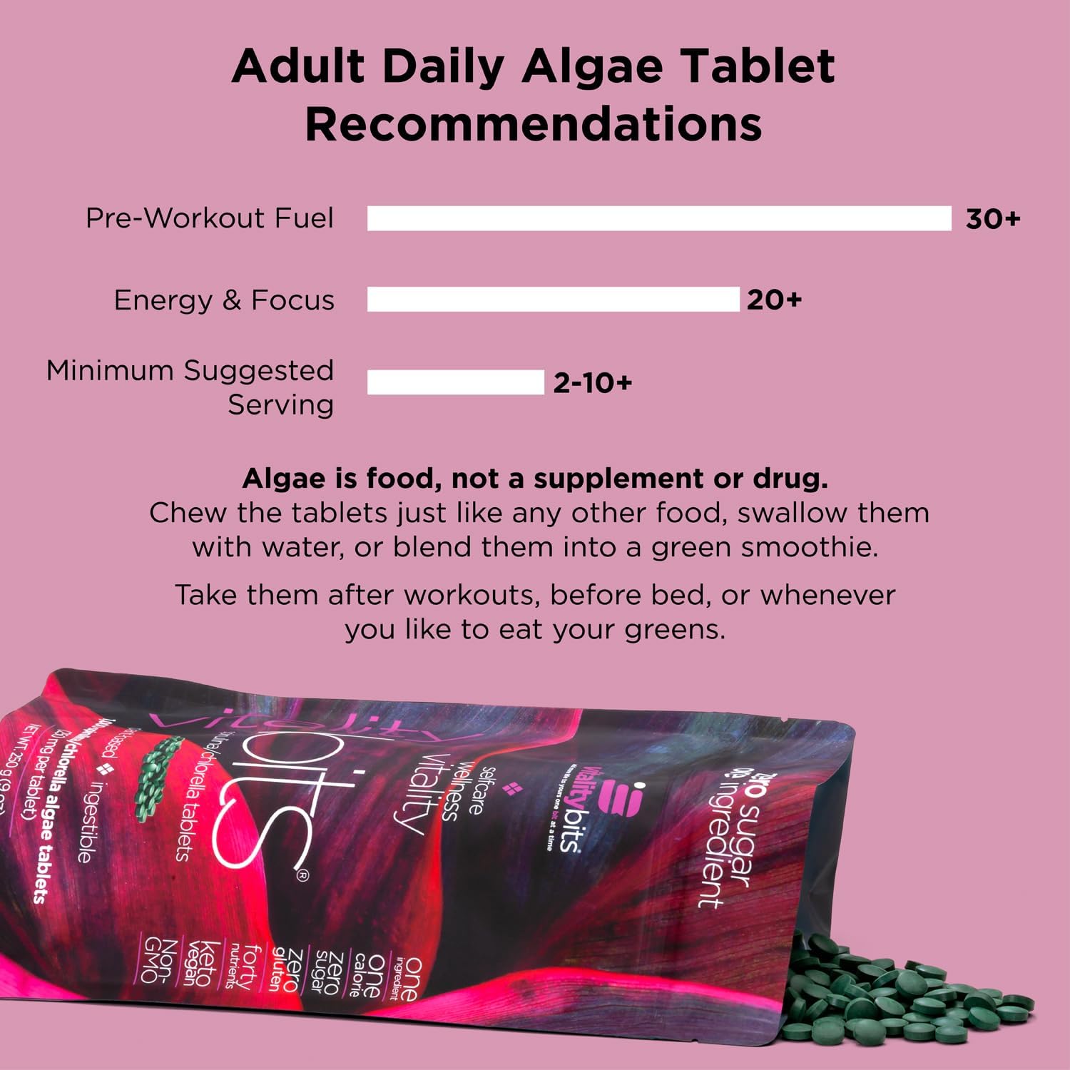 VITALITYbits - Organic Blended Spirulina & Chlorella Tablets - Algae Superfood - Energy, Self Care, Beauty - Replace Greens, Supplements, Protein, Snacks - Vegan, Keto, Gluten Free - 60 Tablets