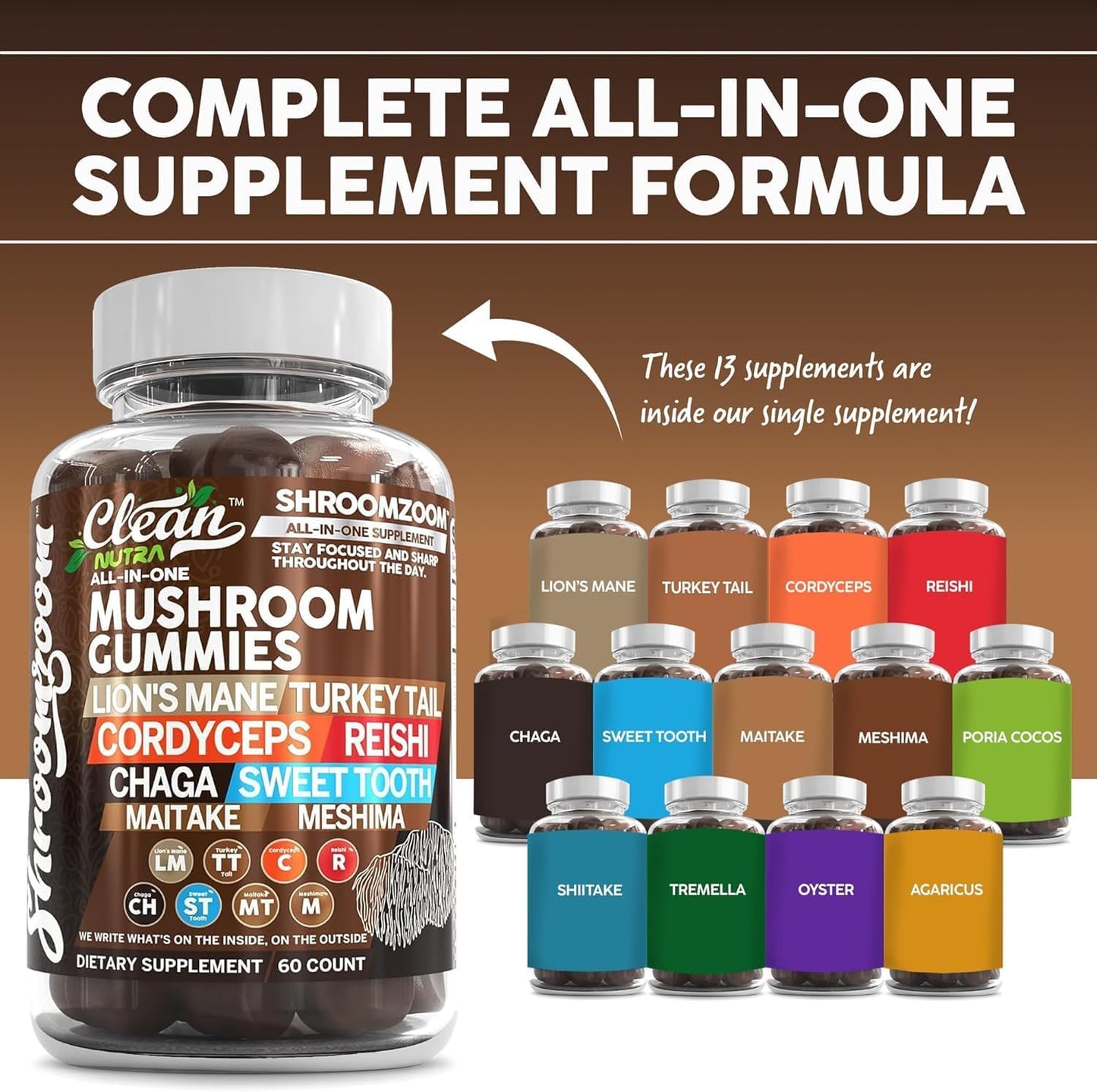 15in1 Mushroom Gummies with Lion's Mane Turkey Tail Cordyceps Reishi Chaga Sweet Toot Maitake Meshima Poria Cocos Shiitake Tremella, Oyster Agaricus Mushrooms for Men and Women Supplement - 2Pack