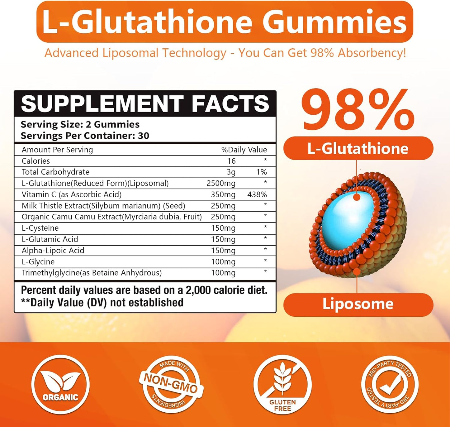 2 Packs 2500MG Liposome Glutathione Gummies, Composite L-Cysteine, L-Glycine Synergies, Collocation Milk Thistle Protect Liver, Increas 98% Absorption Rate, Whitening Skin Antioxidant Anti-Aging