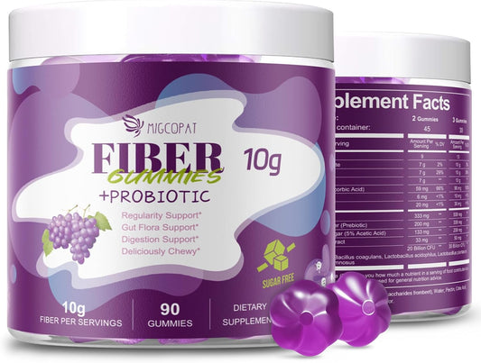 10G Fiber Gummies with 30 Billion CFU Probiotics, Grape Flavor, Bloating Support, Fiber Supplement with Vitamin C, ACV, Inulin, Sugar Free, 180 Count