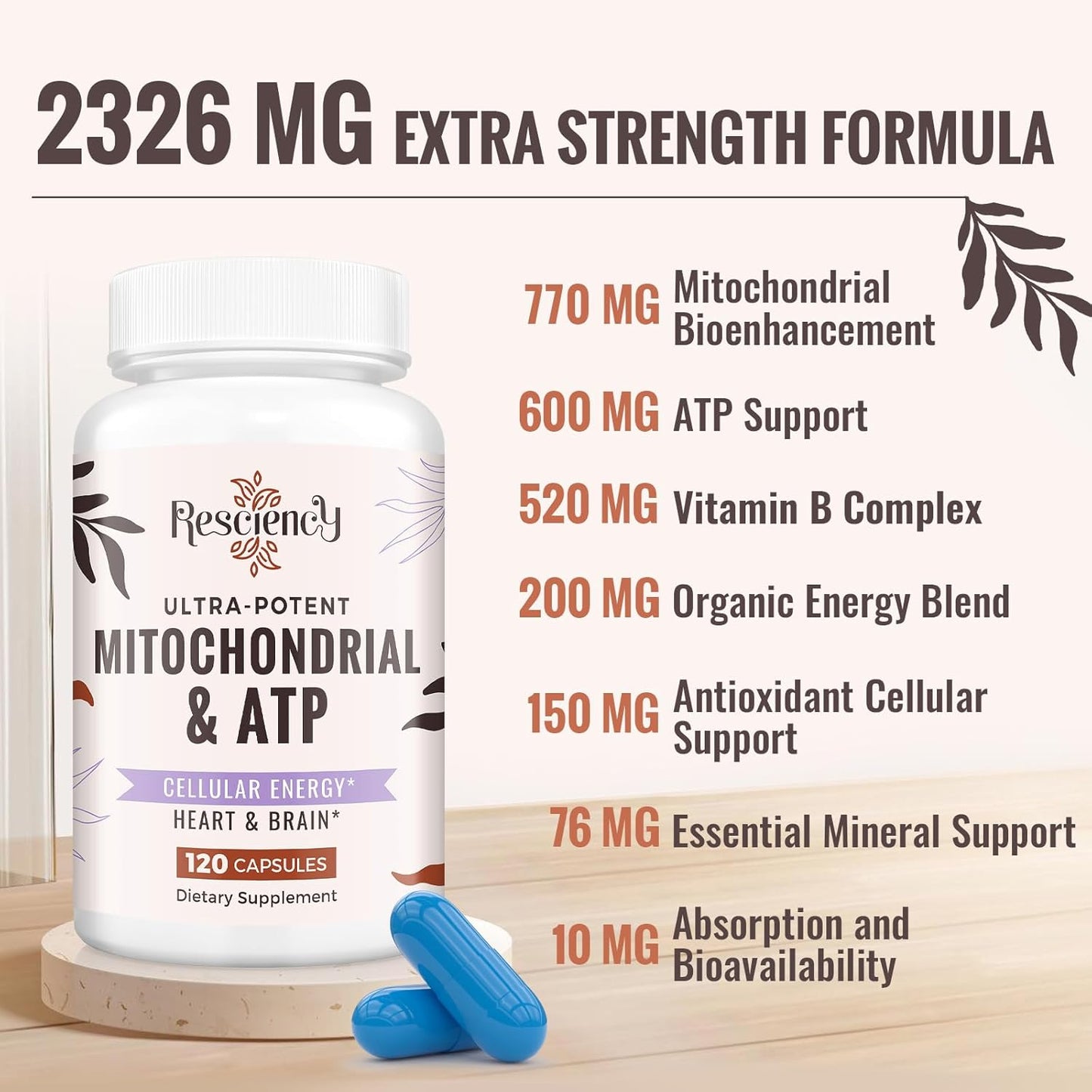 2326 MG Mitochondrial Supplements with ATP, Vitamins, CoQ10 & PQQ, More Effective Than Creatine HMB & Nitric Oxide, Energy, Endurance, Strength, Recovery & Muscle, Organic, 720 Capsules