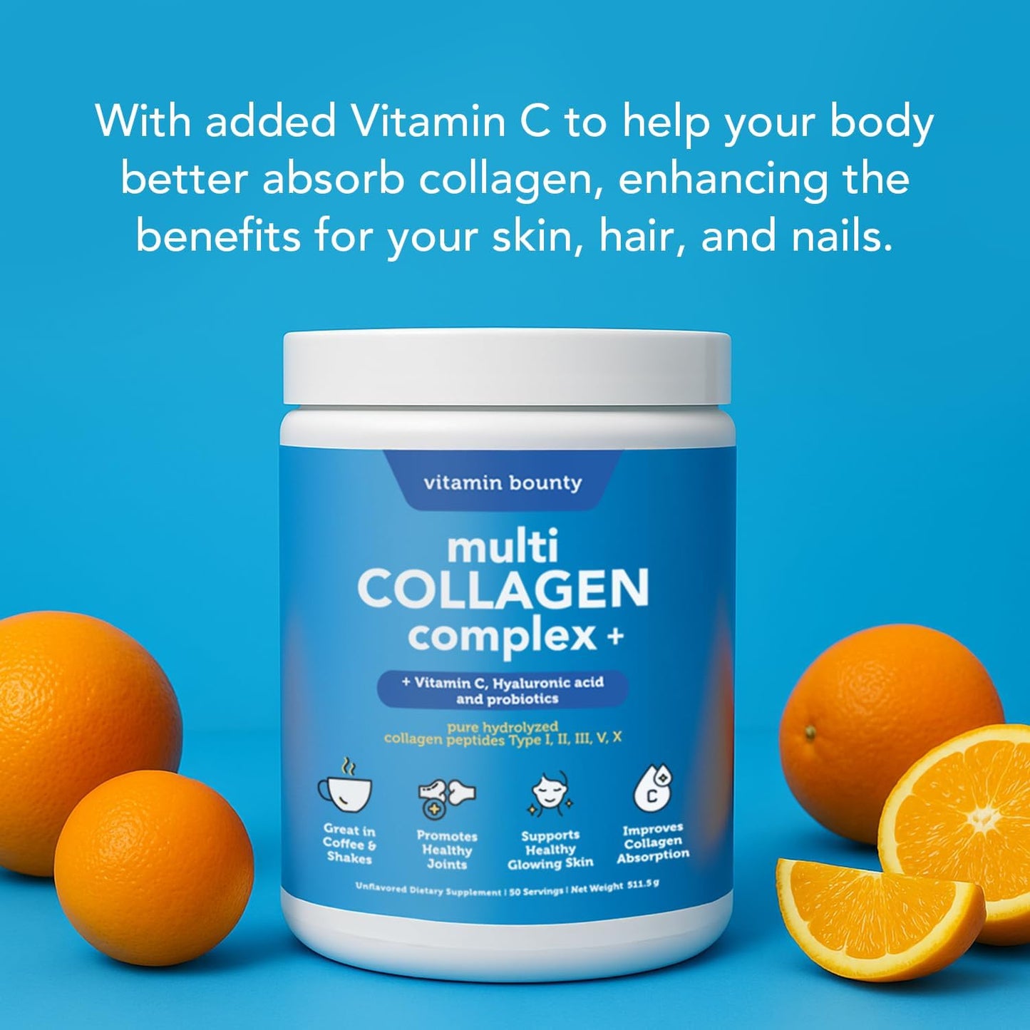 Vitamin Bounty Multi Collagen Complex Plus Powder - 5 Types of Hydrolyzed Collagen Peptides for Women & Men Skin, Hair, Joints & Gut Health w/Vitamin C, Hyaluronic Acid & Probiotics | 50 Servings