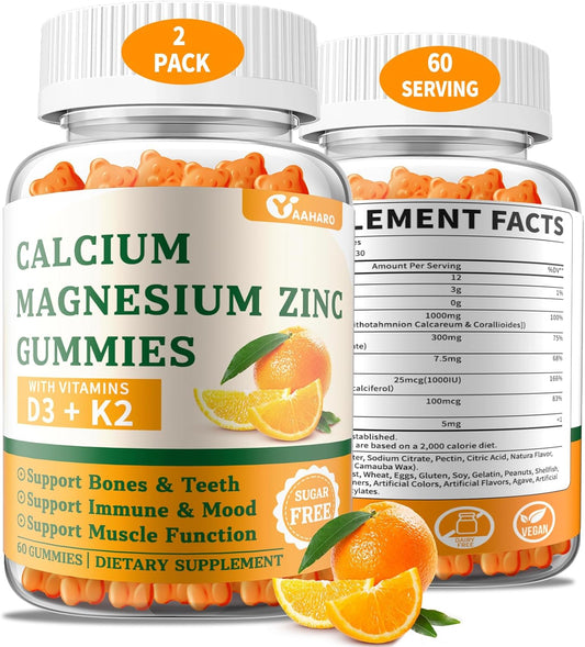 (2 Pack) Calcium Magnesium Zinc Gummies with Vitamin D3 & K2 - Sugar Free Calcium Gummies for Women and Men - Bone & Immune Support - Non-GMO, Gluten-Free, Orange Flavored - 120 Count