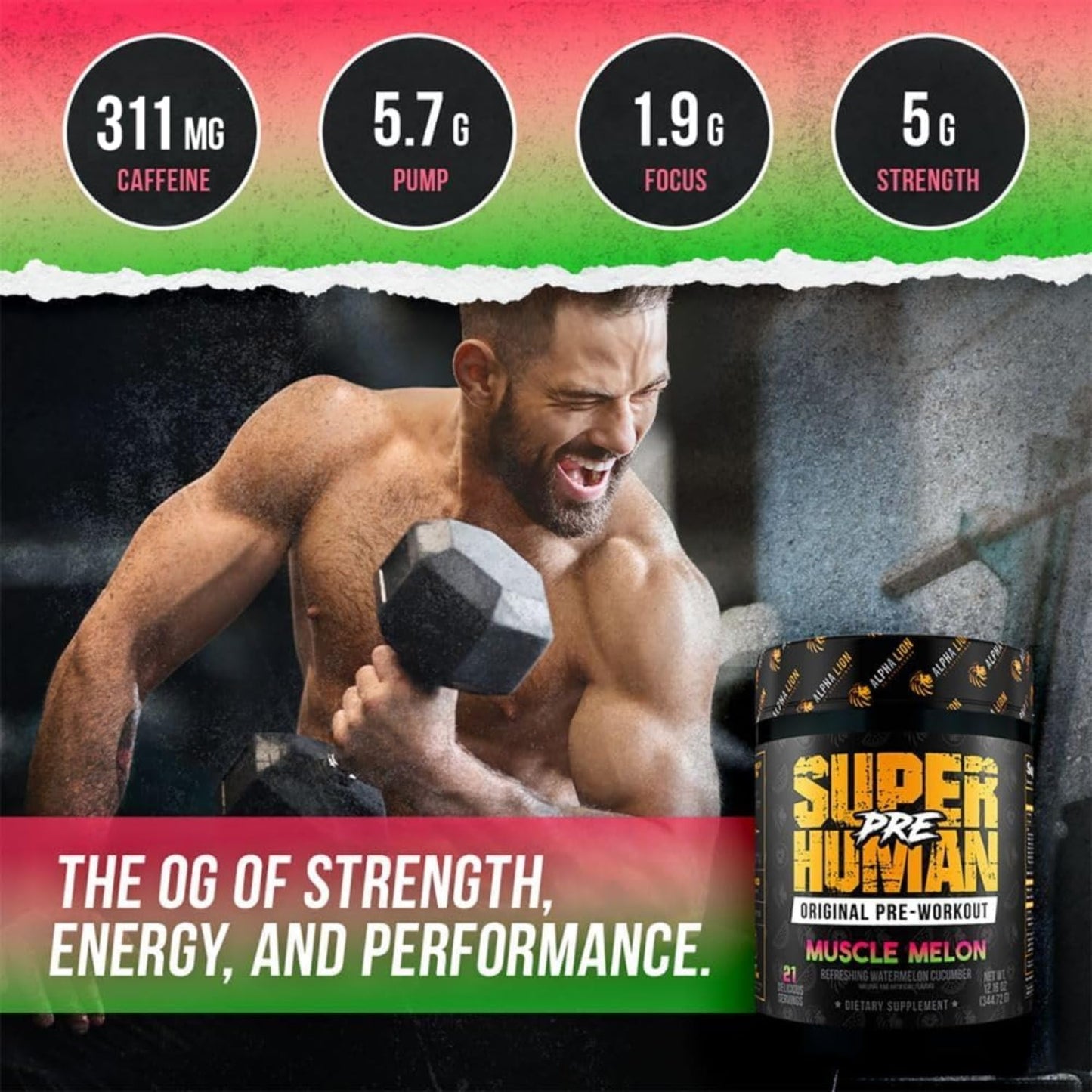 ALPHA LION Superhuman Pre Workout Powder, Beta Alanine, L-Taurine & Tri-Source Caffeine for Sustained Energy & Focus, Nitric Oxide & Citrulline for Pump (21 Servings, Muscle Melon)