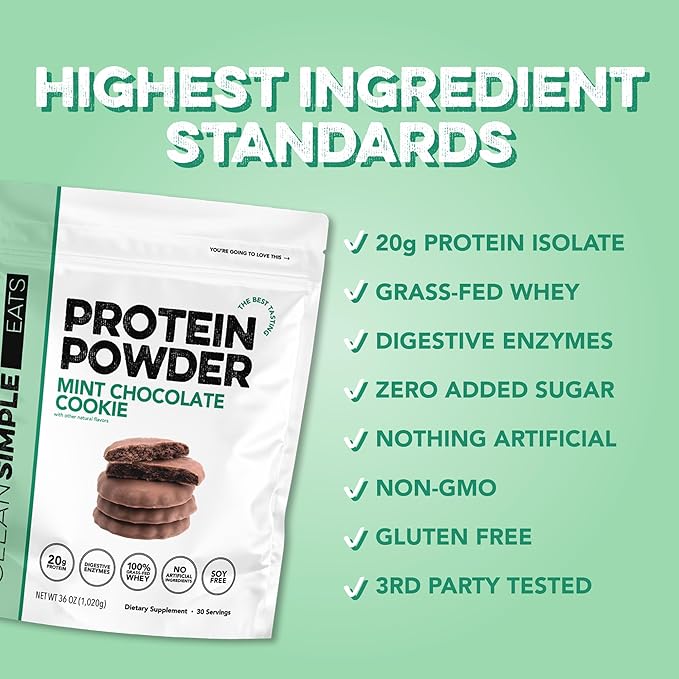 Clean Simple Eats Whey Protein Powder, Mint Chocolate Cookie Flavor, Naturally Sweetened, 100% Grass Fed Protein Powder with Digestive Enzymes, No Artificial Ingredients, Gluten Free, 30 Srvgs