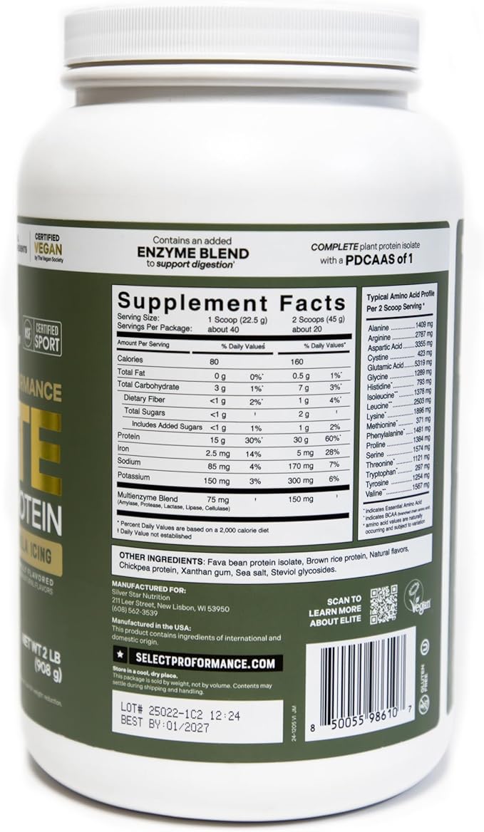 Select Proformance Elite Vegan Protein Powder - 15g of Protein, Plant Based, Dairy Free, Gluten Free, Clean Ingredients - Vanilla Icing, 2lb Tub (40 Servings)