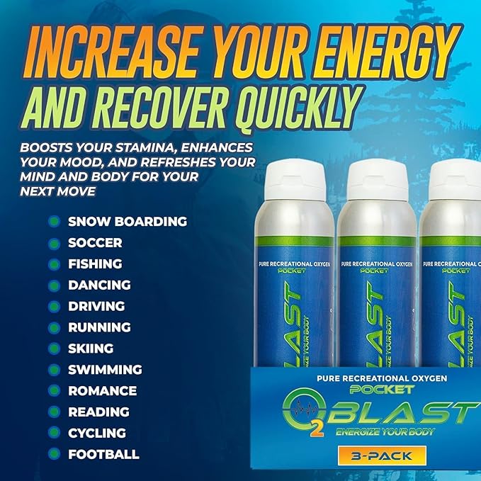 O2 Blast - Pure Oxygen Supplement - Filled with 99.99% Pure Oxygen to Support Fast Recovery, Increase Stamina & Enhance Focus for High Altitude and Action Sports, 4L Portable Can Flip-Top Cap, 3-Pack