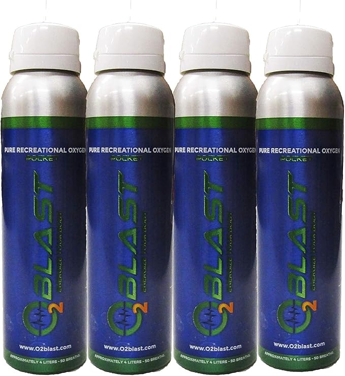 O2 Blast - Pure Oxygen Supplement - Filled with 99.99% Pure Oxygen to Support Fast Recovery, Increase Stamina & Enhance Focus for High Altitude and Action Sports, 4L Portable Can Flip-Top Cap, 4-Pack