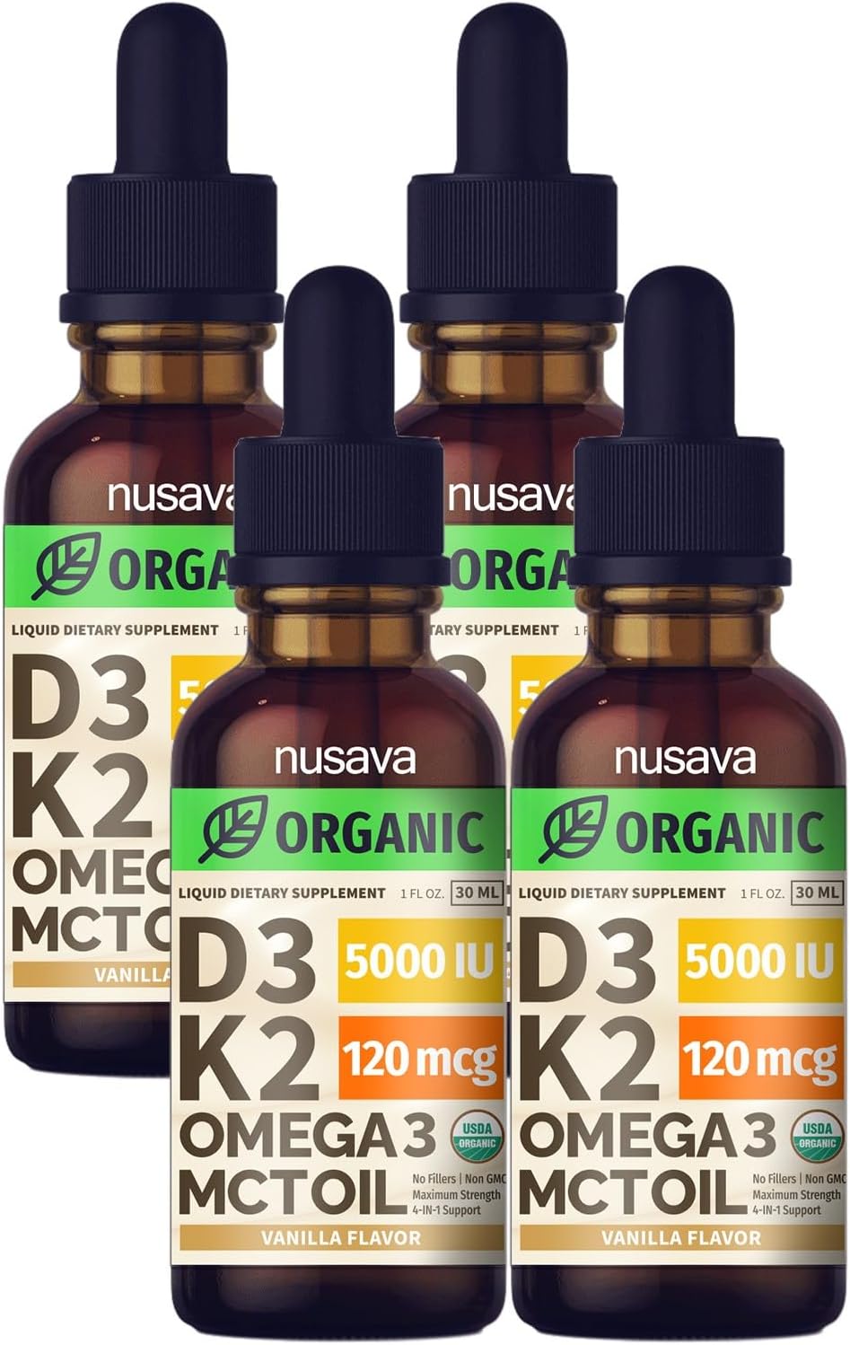 (4 Pack) Organic Vitamin D3 K2 Drops with MCT Oil Omega 3, 5000 IU, Maximum Strength Vitamin D Liquid - No Fillers, Non-GMO Liquid D3 for Faster Absorption & Immune Support (Vanilla, 4 Fl Oz)