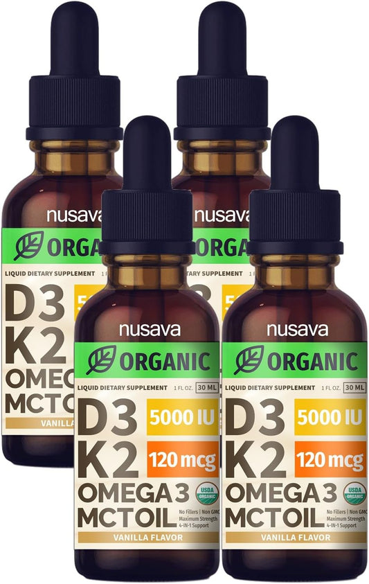 (4 Pack) Organic Vitamin D3 K2 Drops with MCT Oil Omega 3, 5000 IU, Maximum Strength Vitamin D Liquid - No Fillers, Non-GMO Liquid D3 for Faster Absorption & Immune Support (Vanilla, 4 Fl Oz)