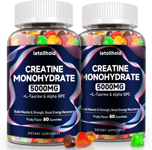 Creatine Monohydrate Gummies 5g for Women & Men - Creatine Gummies for Women Pre Workout Chewables with L-Taurine & Alpha GPC, Sugar-Free Muscle Builder, Energy Boost, Vegan Non-GMO (160 Count)
