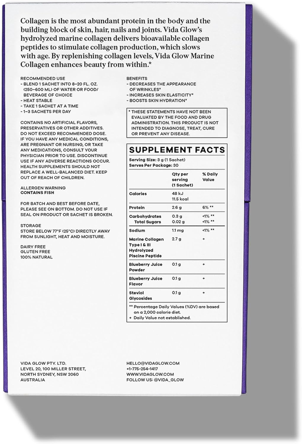 Vida Glow Marine Collagen Powder - Anti Aging Supplement with Collagen Peptides, Promotes Glowing Skin, Strong Nails, Healthy Hair | 30 Servings, Original Flavor (One Size, Blueberry)