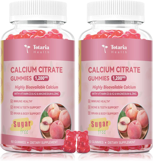 2 Pack Calcium Citrate Gummies 1200 mg - Calcium Supplements for Women with Vitamin D3 & K2,Magnesium,Zinc - Sugar Free Calcium Gummies for Bone & Teeth & Immune Support- Peach Flavor