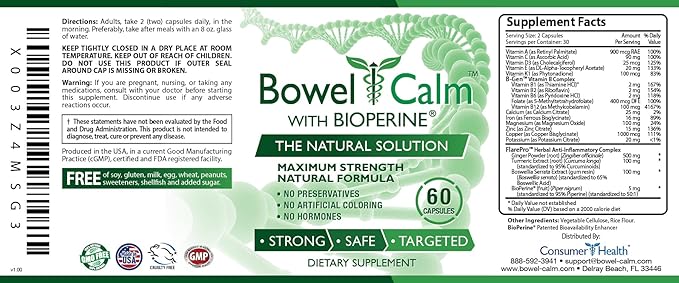 Bowel Calm - Ginger, Turmeric, Boswellia, BioPerine - One Month Supply - Non-GMO