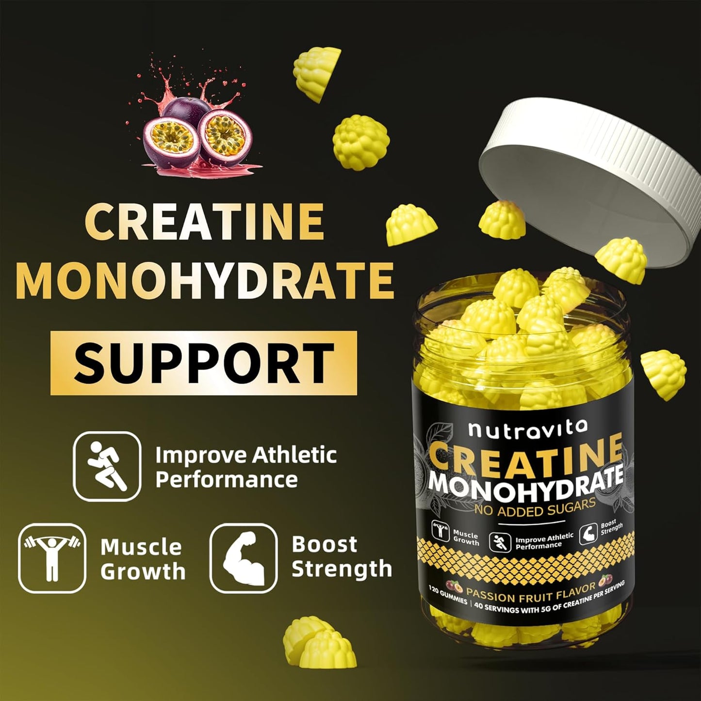 Creatine Monohydrate Gummies for Men & Women-5g of Creatine Monohydrate per Serving - Sugar Free,Vegan, Passion Fruit Flavor, 120 Count