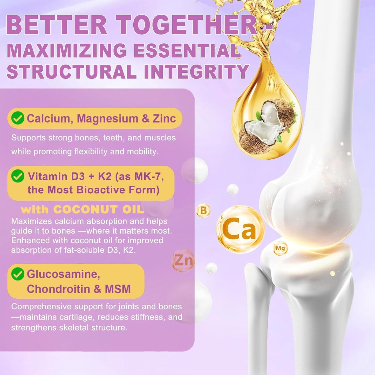 2 PCS Sugar Free Calcium 1200 mg with Vitamin D3 K2 (MK-7) Gummies, Calcium Citrate Magnesium Zinc Supplement w/Boron, Glucosamine Chondroitin, Max Absorption for Bone, Immune, Joint, Grape-Flavor