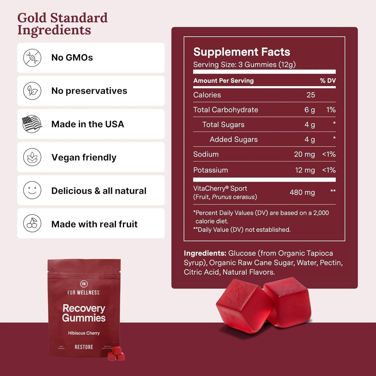 Recovery Gummies Restore - Tart Cherry Gummies for Muscle Recovery - Hibiscus Cherry Flavor with Antioxidants & Electrolytes Combats Soreness, Boosts Energy - Vegan, Non-GMO, Gluten-Free - 90ct