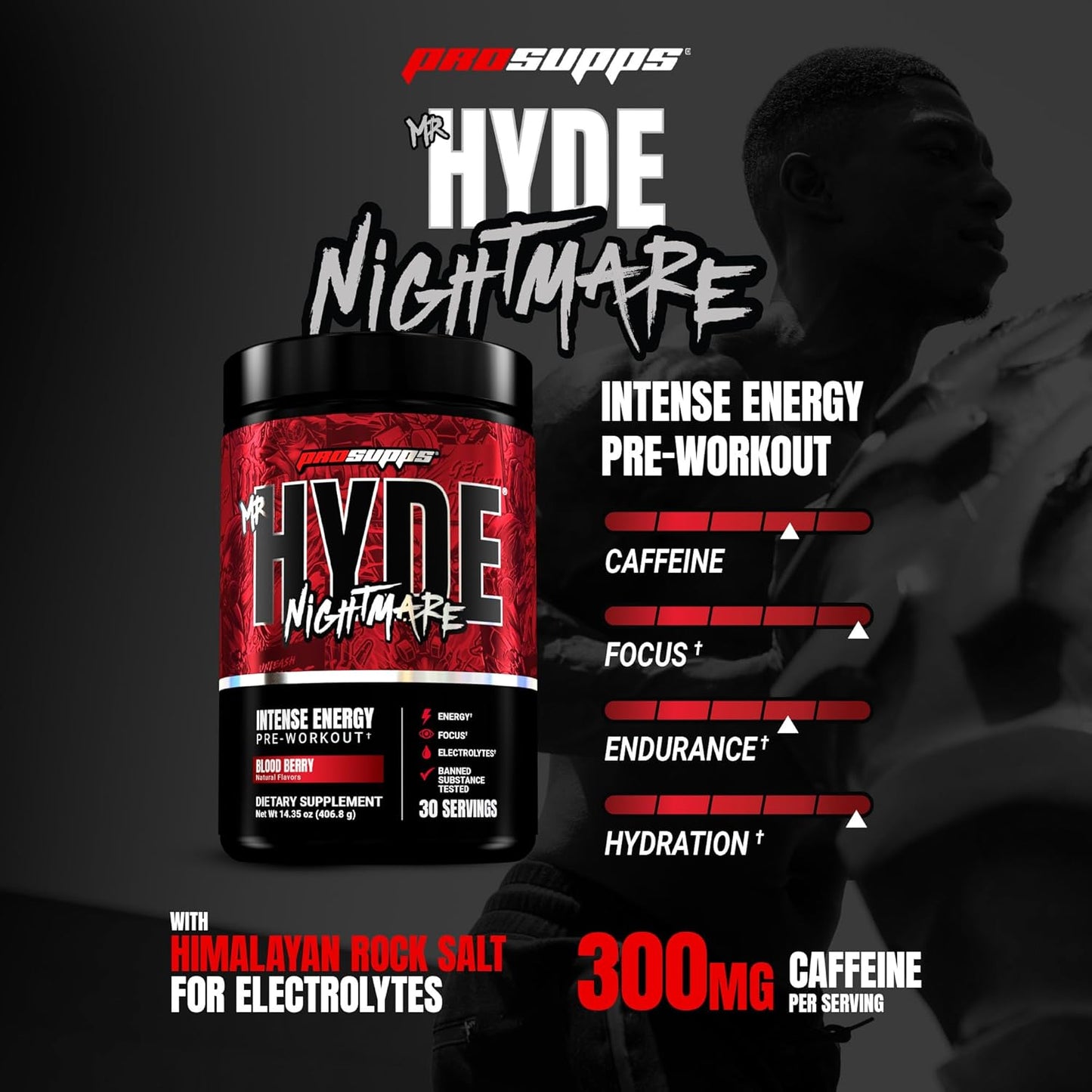PROSUPPS Mr. Hyde Nightmare Pre Workout Powder with Caffeine & Beta Alanine - Preworkout for Intense Energy, Mental Focus & Performance - Gym & Fitness Supplements (Blood Berry, 30 Servings)