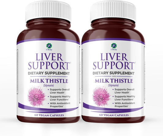 1 Body Liver Support Supplement with Milk Thistle & Dandelion, Twin Pack, 60 Capsules Each