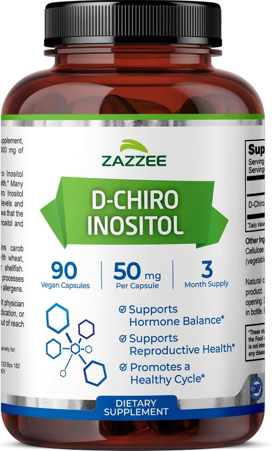 Zazzee D-Chiro-Inositol, 50 mg per Capsule, 90 Vegan Capsules, Ideal Dosage for 40:1 Ratio with Myo-Inositol, 3 Month Supply, 100% Vegetarian, Non-GMO