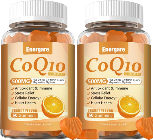 2 Packs CoQ10 500MG Gummies - 3X Better Absorption Coenzyme Q10 Supplements - Plus Omega-3, Magnesium, Vitamin B3 & Zinc for Heart Health, Cellular Energy & Antioxidant, 120 Cts