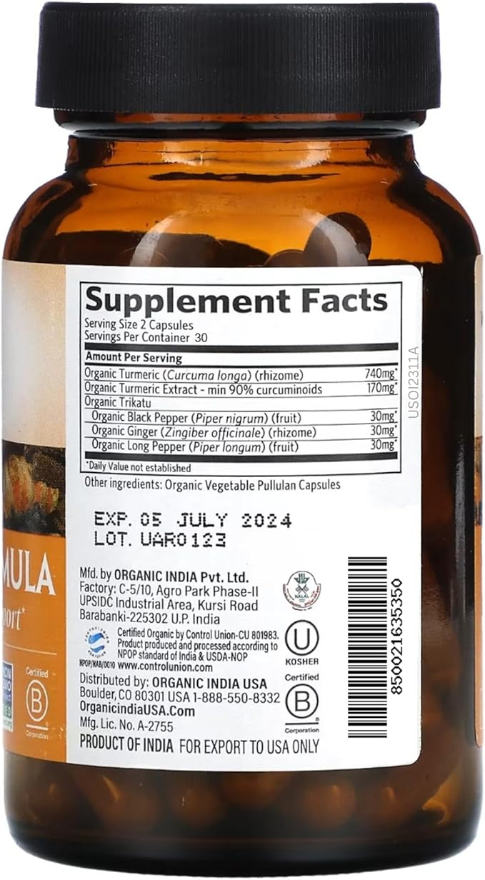 ORGANIC INDIA Turmeric Curcumin with Black Pepper - Organic Turmeric & Curcumin Supplement, Joint & Immune System Support, Whole Root - 60 Capsules