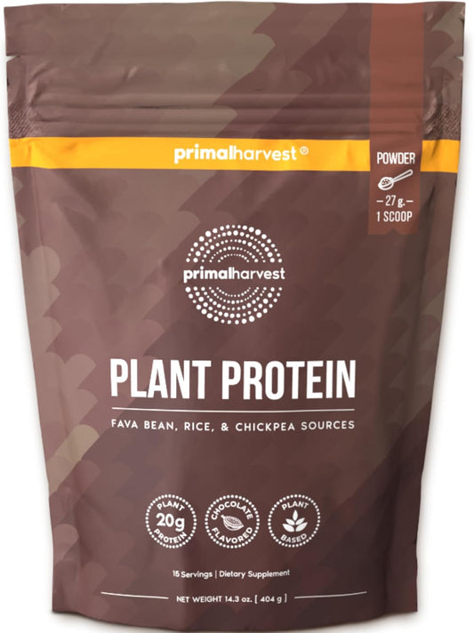 Primal Harvest Vegan Protein Powder for Nutritional Weight Support 20g Plant-Based Protein Per Serving from Fava Beans Chickpeas & Rice Chocolate Flavor 405g Gluten-Free Soy-Free No Added Sugar