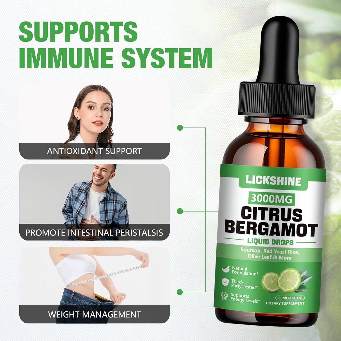 2 Pack 3000mg Citrus Bergamot Liquid Drops - High Absorption - Cholesterol Lowering Supplement for Immune Support Anti-Aging, Hight Cholesterol - Soursop Bitters Liquid, 4 Fl Oz