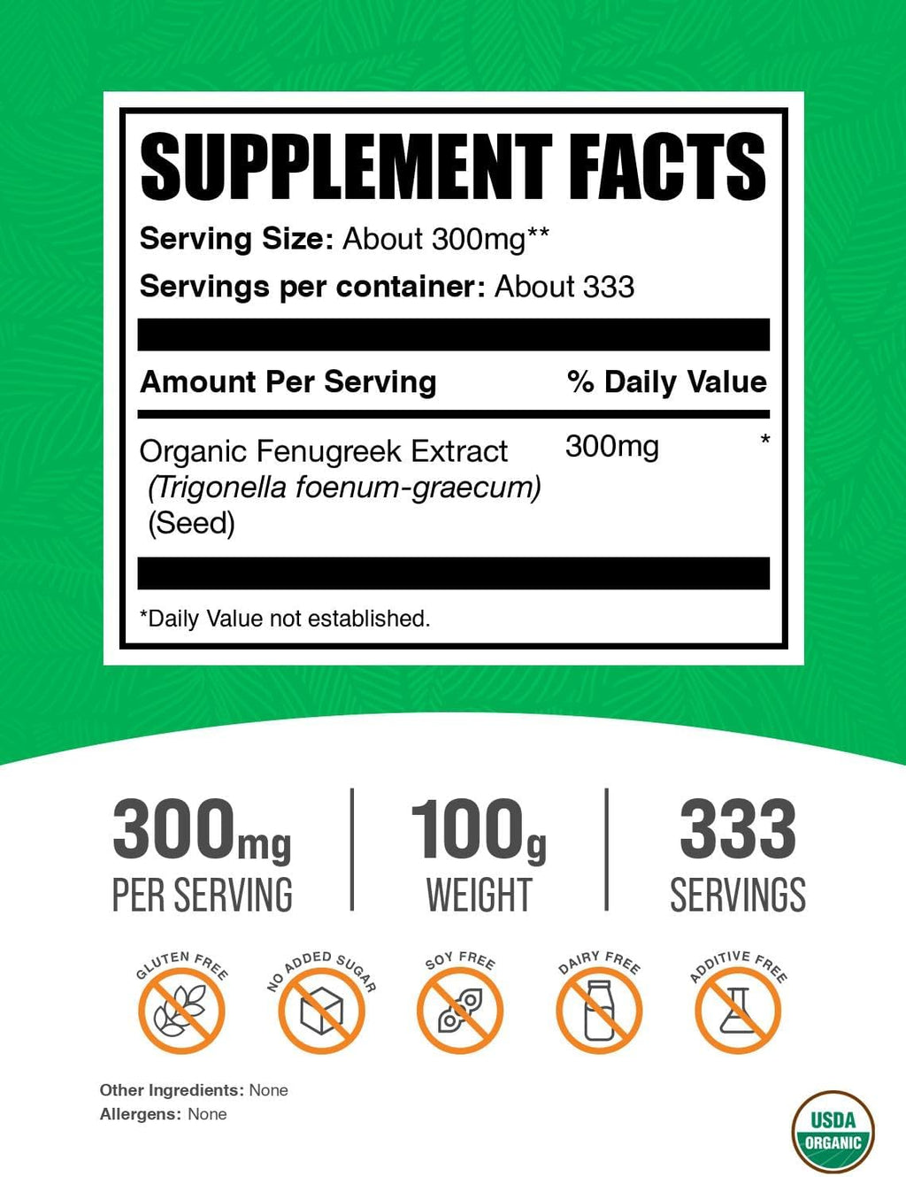 BulkSupplements.com Organic Fenugreek Extract Powder - Herbal Supplement, from Fenugreek Seeds, Gluten Free, 300mg per Serving, 100g (3.5 oz) (Pack of 1)