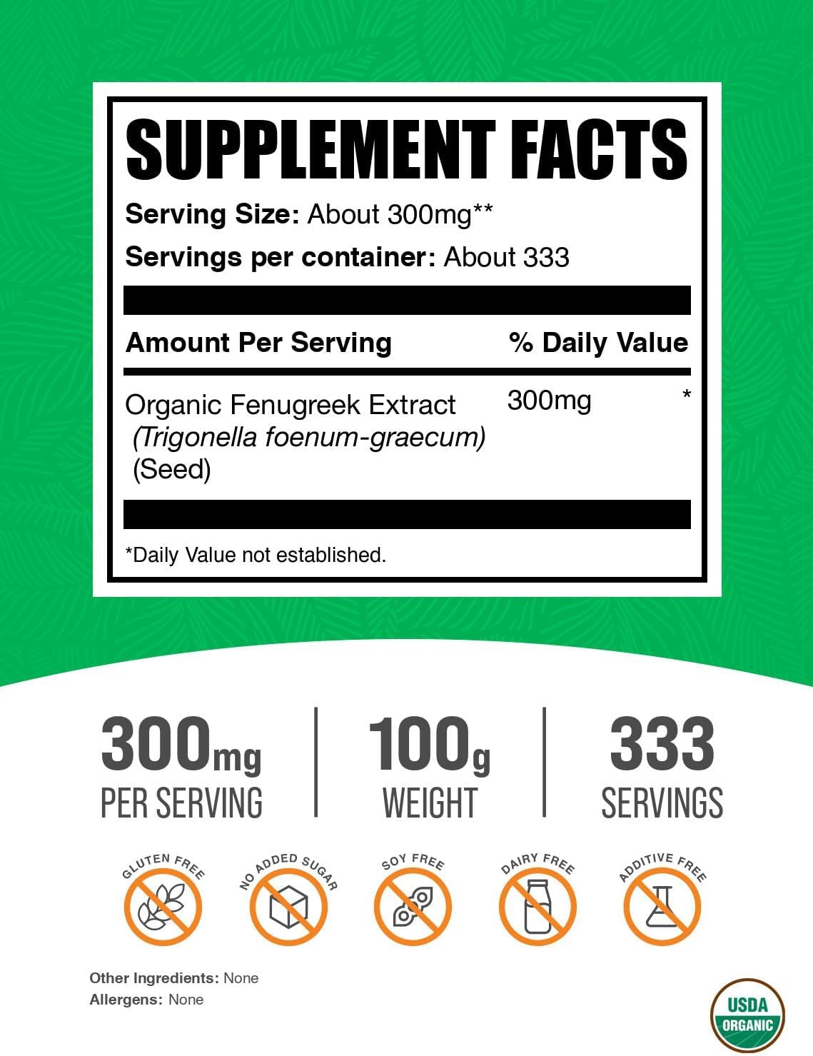BulkSupplements.com Organic Fenugreek Extract Powder - Herbal Supplement, from Fenugreek Seeds, Gluten Free, 300mg per Serving, 100g (3.5 oz) (Pack of 1)