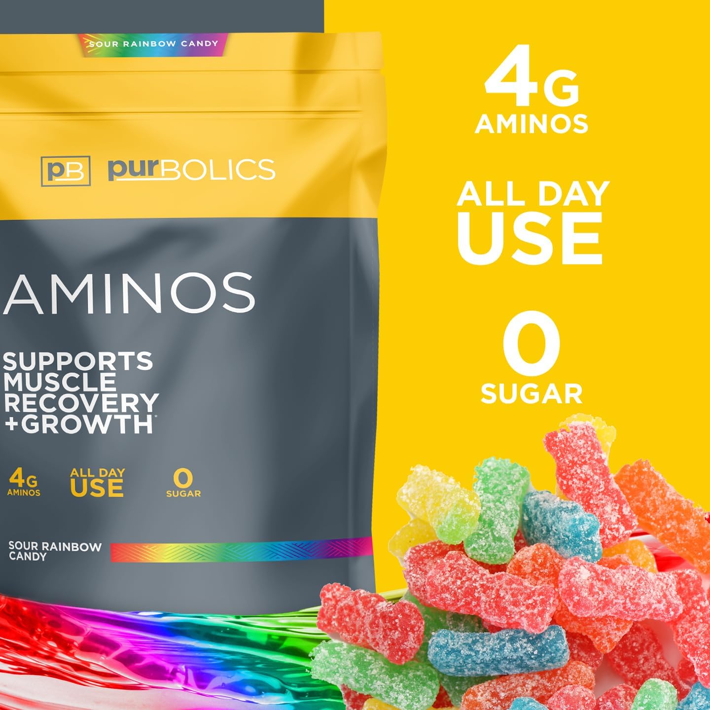 Aminos | 4g of Free-Form Amino Acids, Beta-Alanine, 0 Sugar & 60 Servings (Sour Rainbow Candy)