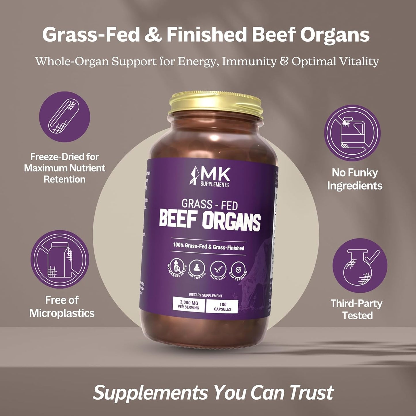 MK Supplements – Grass-Fed Beef Organs 3000 mg, 180 Beef Organs Capsules, Multivitamin, 100% Pasture-Raised in New Zealand, 45-Day Supply, Liver, Heart, Kidney, Spleen, Pancreas