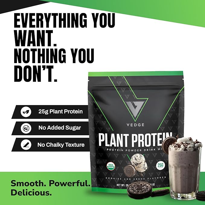 VEDGE Vegan Protein Powder - Plant Protein Powder with Pea, Pumpkin & Sunflower - USDA Organic, Amino Acids, Dairy Free, Soy Free, Keto, Non GMO - Cookies and Creme - 20 Servings