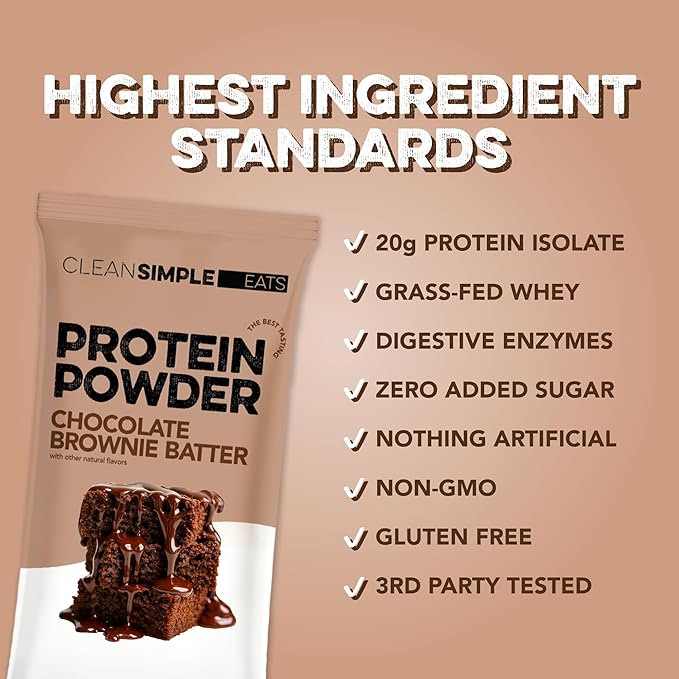 Clean Simple Eats Whey Protein Powder, Chocolate Brownie Batter Flavor, Naturally Sweetened, 100% Grass Fed Protein Powder, Digestive Enzymes & No Artificial Ingredients, Gluten Free, 10 Stick Packs
