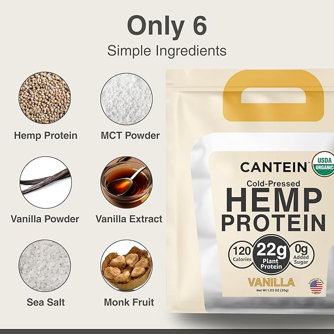 Organic Hemp Protein Powder, Plant Based and Vegan Protein Shake, Lactose and Dairy Free, Gluten Free, Clean and Natural- Vanilla (1 Serving)