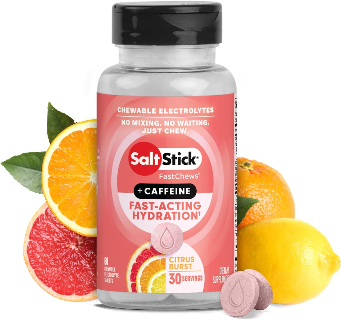 SaltStick Electrolyte FastChews with Caffeine - 60 Citrus Burst Chewable Electrolytes - Salt Tablets for Running and Hydration, Electrolyte Chews - 60 Count