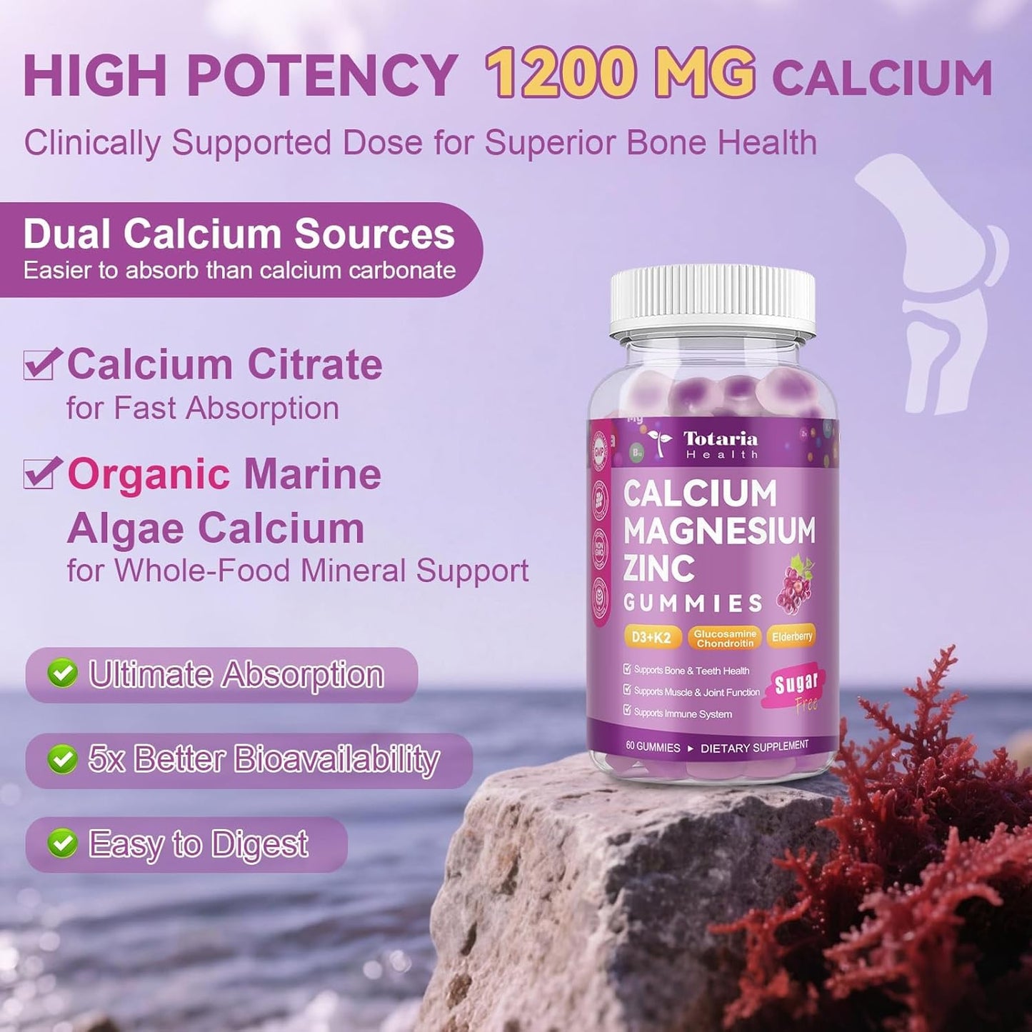 2 PCS Sugar Free Calcium 1200 mg with Vitamin D3 K2 (MK-7) Gummies, Calcium Citrate Magnesium Zinc Supplement w/Boron, Glucosamine Chondroitin, Max Absorption for Bone, Immune, Joint, Grape-Flavor