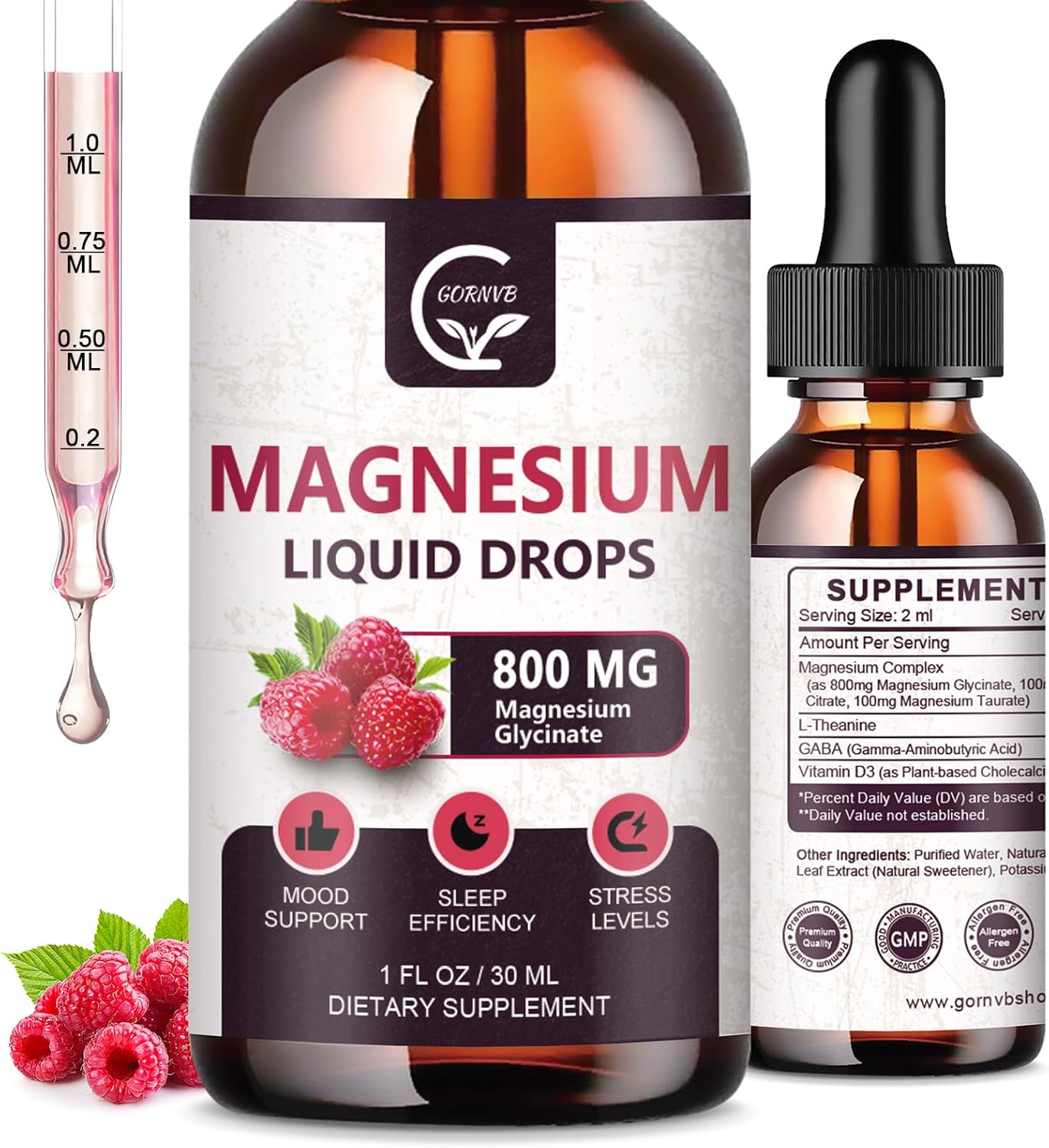 (2 Pack) Magnesium Glycinate Liquid Drops | 1000mg Liquid Magnesium Complex with D3, L-Thea & GABA for Energy, Sleep, Nerve and Heart Health, High Absorption, Raspberry Flavor