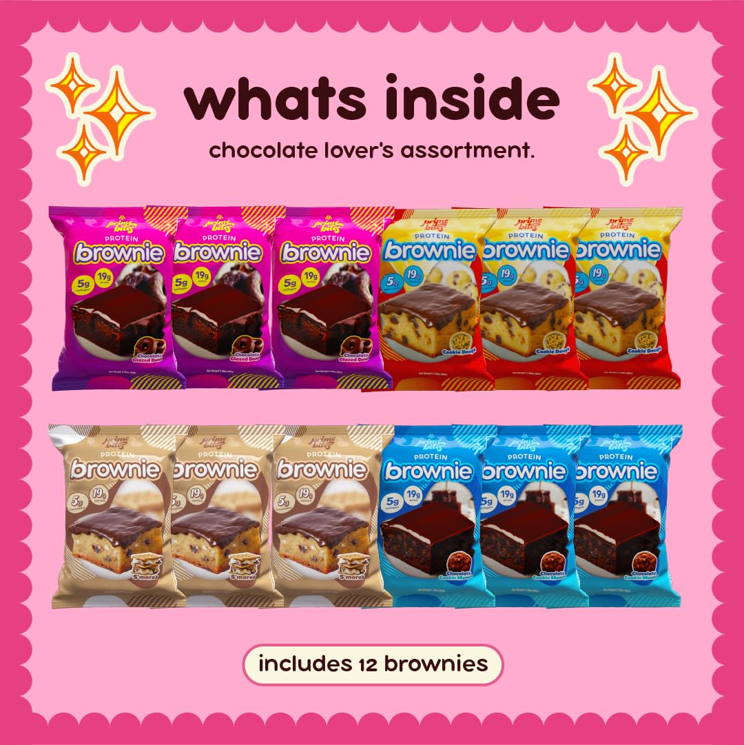 Prime Bites Protein Brownie from Alpha Prime Supplements | High Protein, Collagen Fortified Low Sugar Treat | Delicious Snack | 12 Bars per Box (Chocolate Flavors Variety)