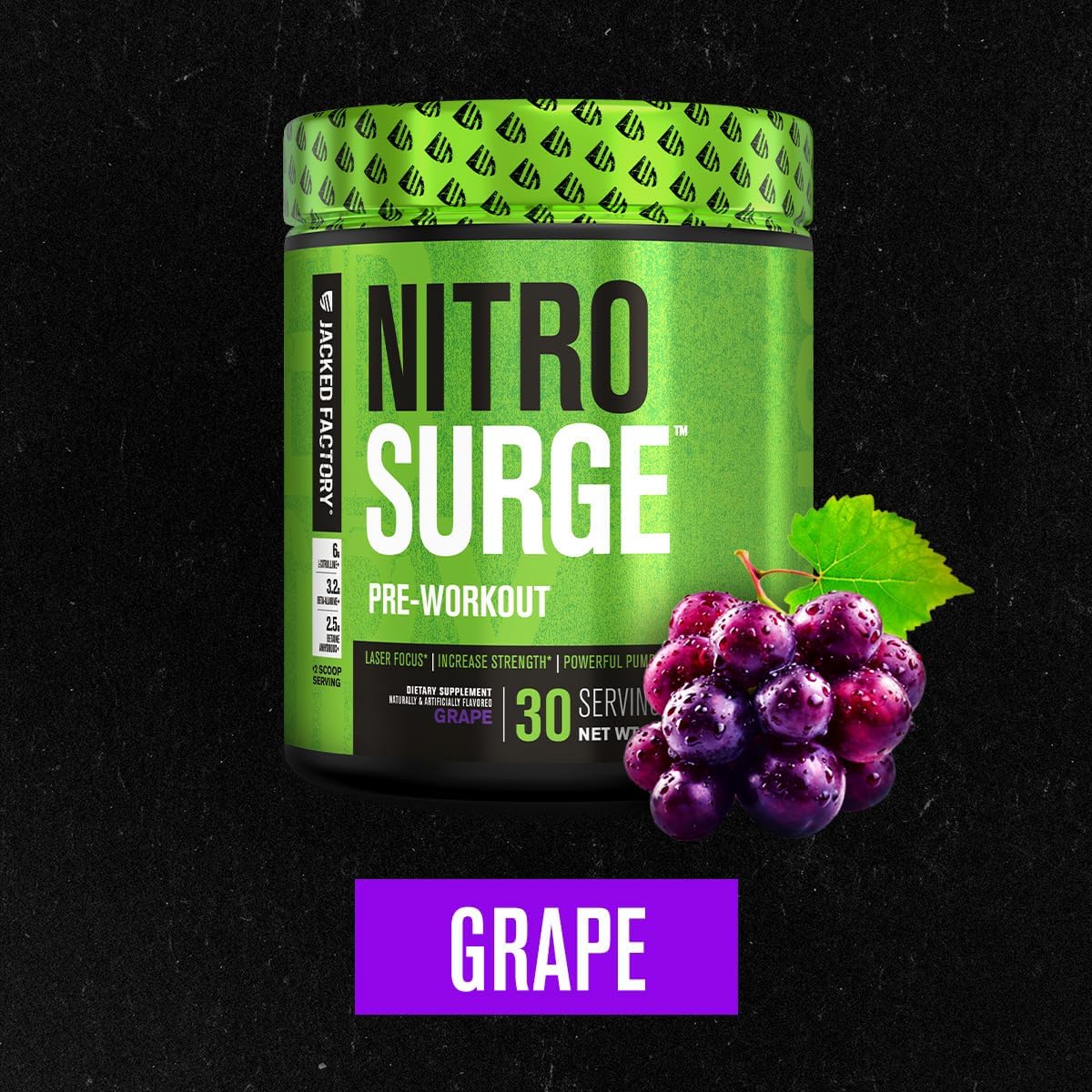 Jacked Factory NITROSURGE Pre Workout Supplement - Endless Energy, Instant Strength Gains, Clear Focus, Intense Pumps - Nitric Oxide Booster & Powerful Preworkout Energy Powder - 30 Servings, Grape