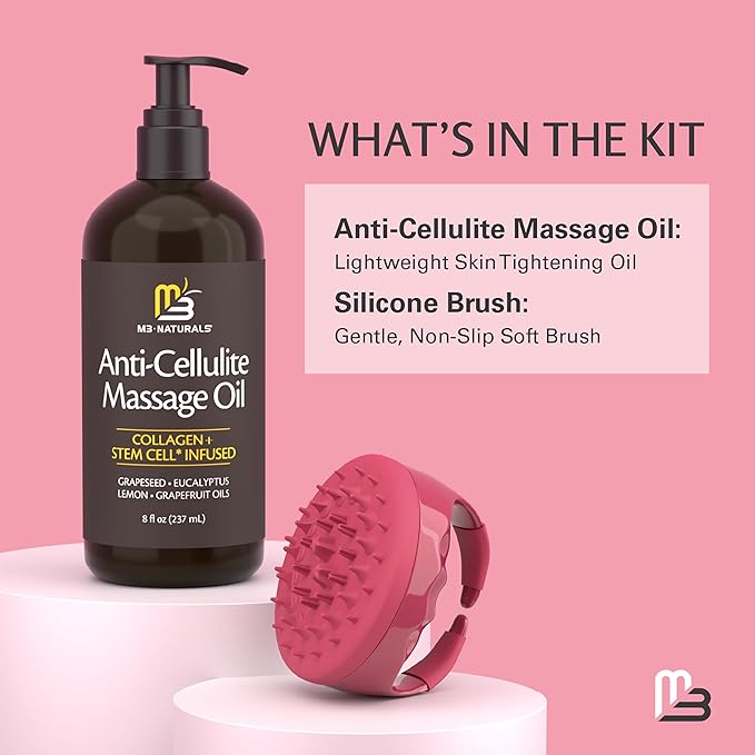 Anti Cellulite Massage Oil and Silicone Body Brush – Collagen and Stem Cell Skin Tightening Formula for Smoothing and Firming, 8 fl oz by M3